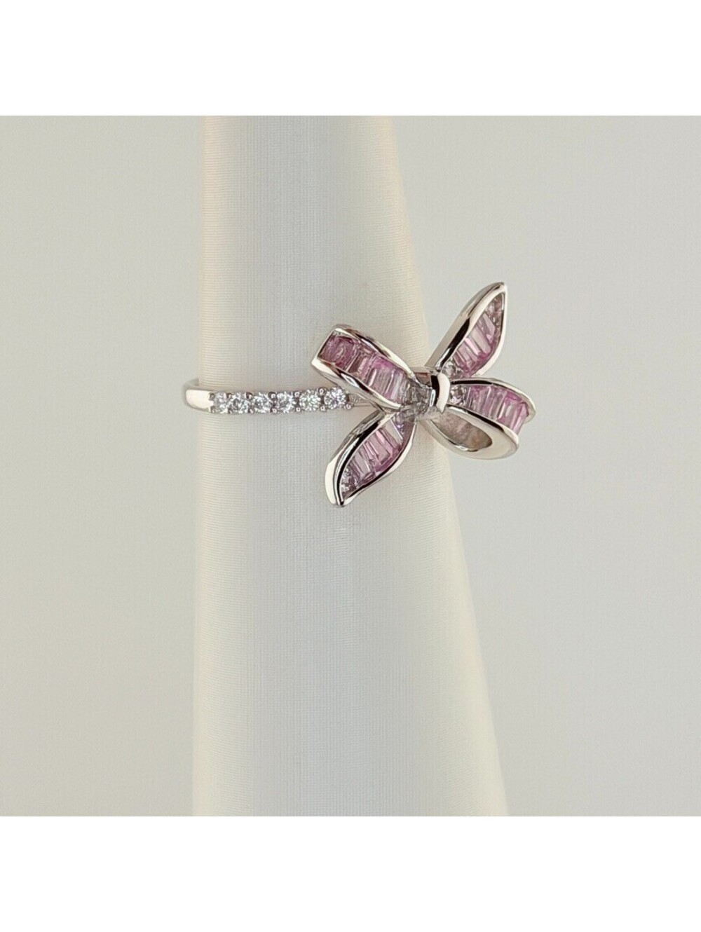 Bomb Party Sterling Club Sz 7 "She Loves A Bow” Pink Sapphire on .925 W/ Rhodium - Picture 3 of 6